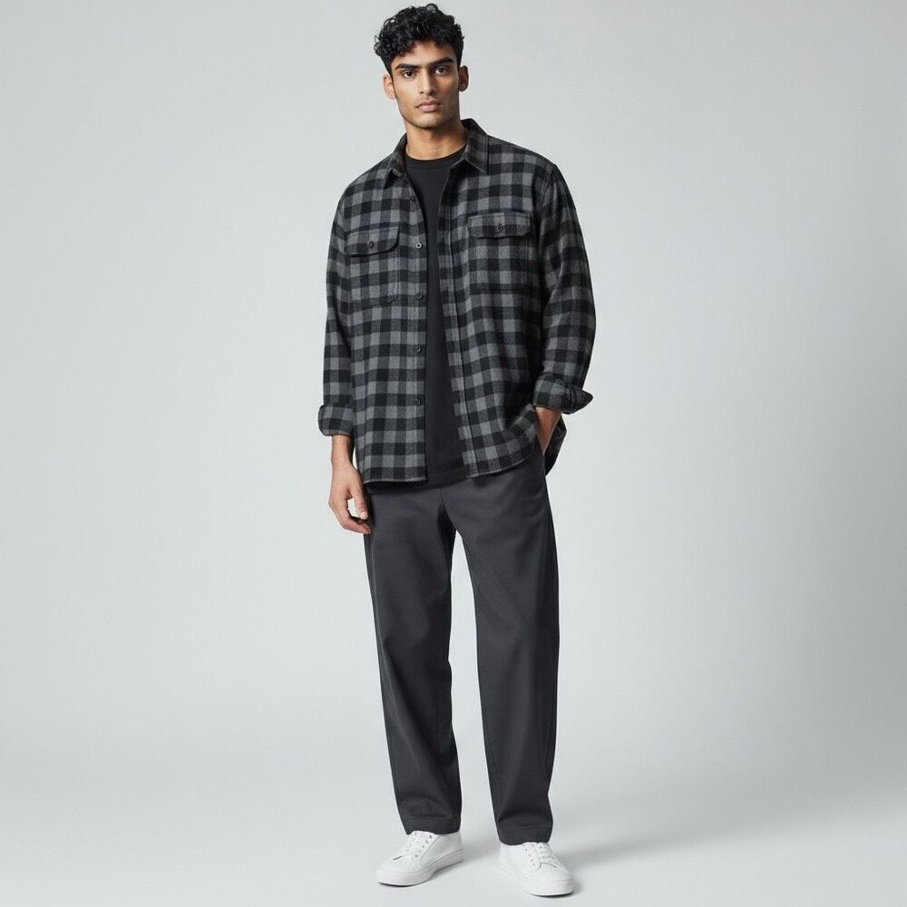 Faded Glory Gray and Black Plaid Long Sleeve Button Down 100% Cotton size 2XL